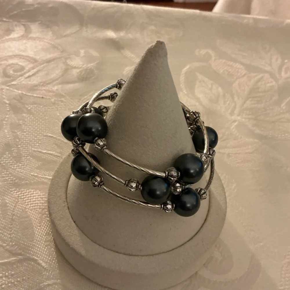 Gray Faux Pearl Silver Tone Coil Bracelet